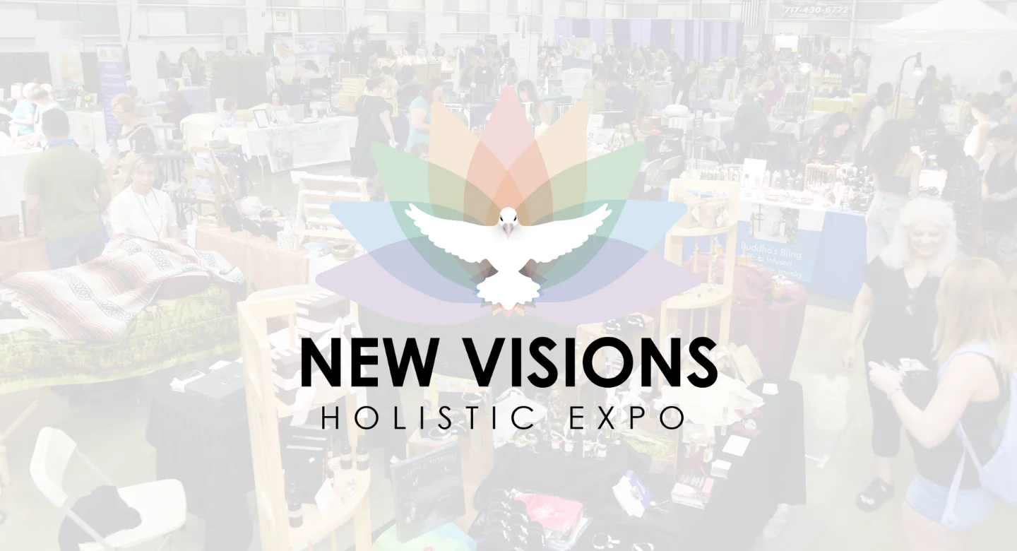 New Visions Holistic Expo logo with dove and busy expo booths
