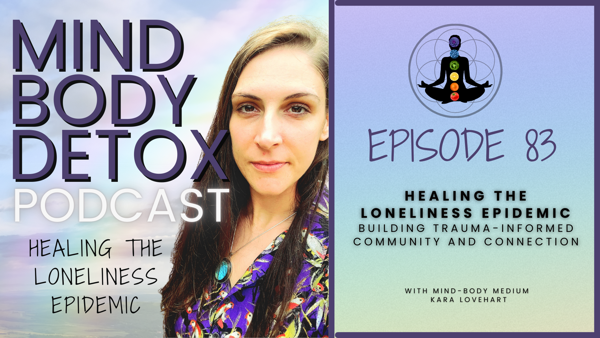 Mind-Body Medium Kara Lovehart in a purple dress with Mind Body Detox podcast logo