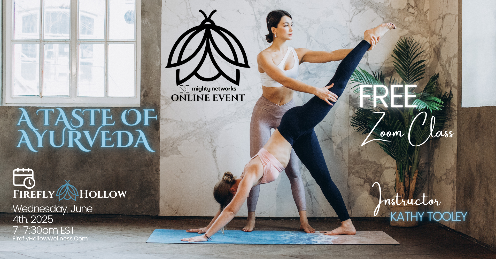 image shows a yoga instructor helping a student perform a yoga pose with their legs in the air